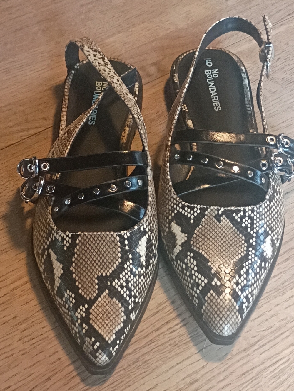 No Boundaries Snake-Print Pointed Slingback Flats in Black and Tan
